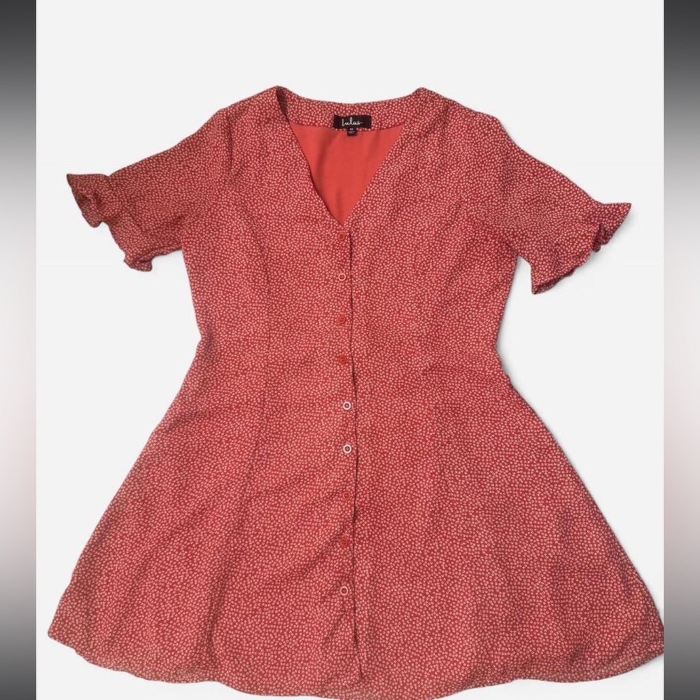 Lulu's Coral Button-Front V-Neck Short Sleeve Midi Dress